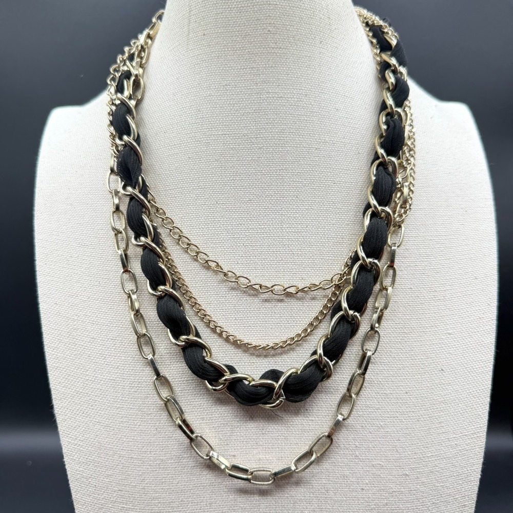 Gold Tone Black Fabric Multi Strand Chain Necklace Layered Statement Jewelry